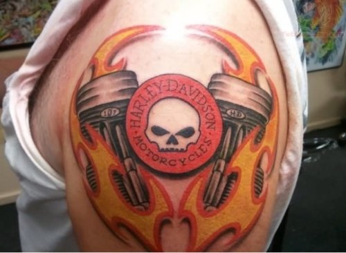 Flaming Harley Davidson Tattoo On Left Shoulder